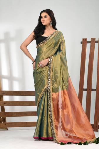 Green and orange shimmer tissue saree with gota patti borders