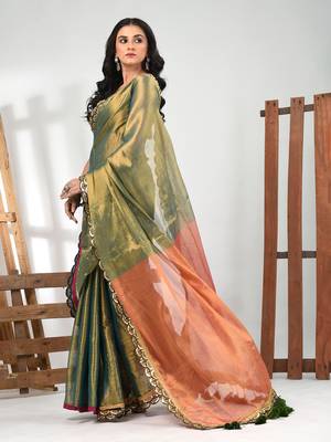 Green and orange shimmer tissue saree with gota patti borders 2