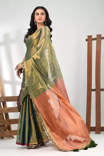 Green and orange shimmer tissue saree with gota patti borders