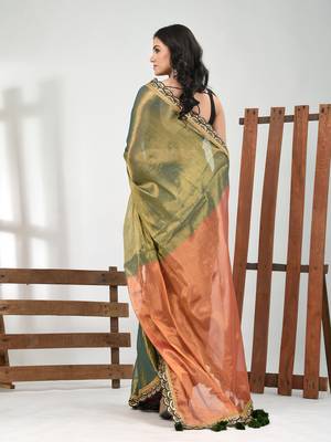 Green and orange shimmer tissue saree with gota patti borders 3