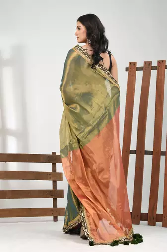 Green and orange shimmer tissue saree with gota patti borders