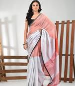 White and red tissue soft saree with pompom