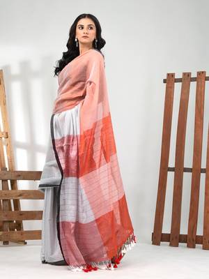 White and red tissue soft saree with pompom 2