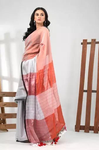 White and red tissue soft saree with pompom