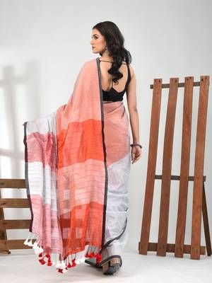 White and red tissue soft saree with pompom 3
