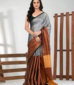 Grey and copper tissue soft saree with pompom