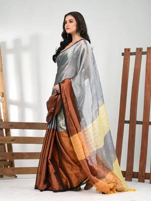 Grey and copper tissue soft saree with pompom 2