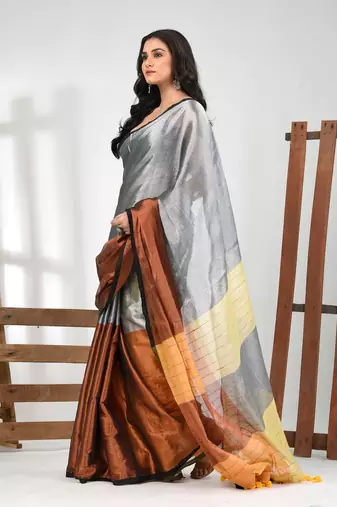 Grey and copper tissue soft saree with pompom