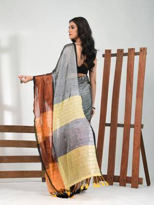 Grey and copper tissue soft saree with pompom 3
