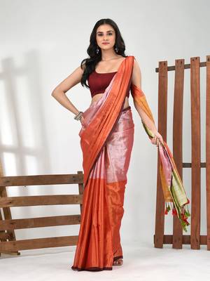 Pink and orange tissue soft saree with pompom 1