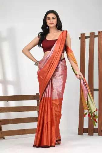 Pink and orange tissue soft saree with pompom
