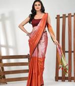 Pink and orange tissue soft saree with pompom