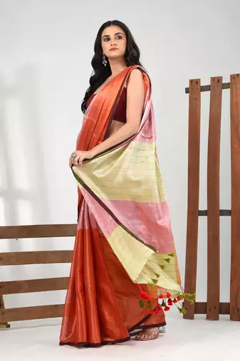 Pink and orange tissue soft saree with pompom