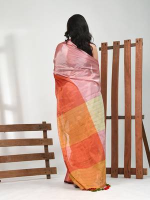 Pink and orange tissue soft saree with pompom 3
