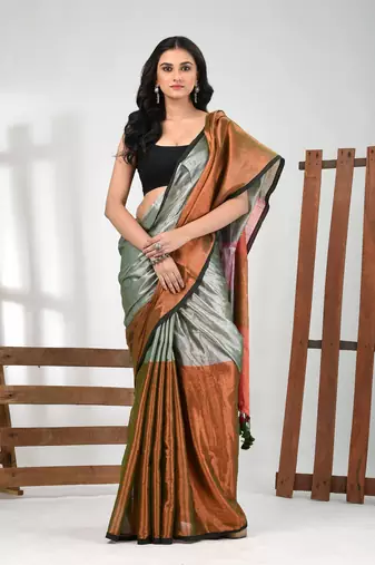 Grey and copper tissue soft saree with pompom