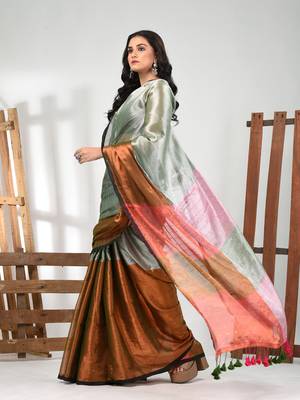 Grey and copper tissue soft saree with pompom 2