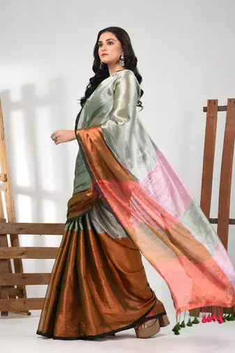Grey and copper tissue soft saree with pompom