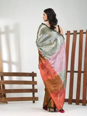 Grey and copper tissue soft saree with pompom 3
