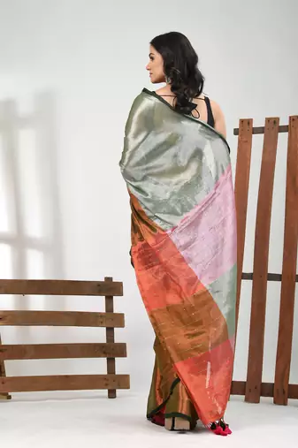 Grey and copper tissue soft saree with pompom