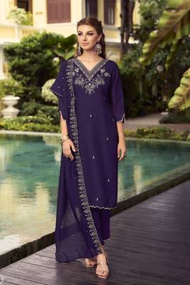 Purple handwork embroidery shimer vichitra straight pant- free size stitched(size upto 42") 1