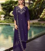 Purple handwork embroidery shimer vichitra straight pant- free size stitched(size upto 42")