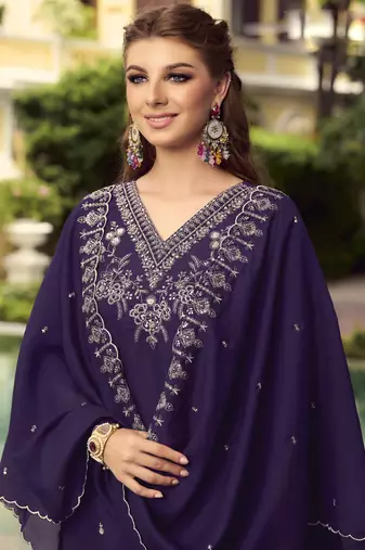 Purple handwork embroidery shimer vichitra straight pant- free size stitched(size upto 42")