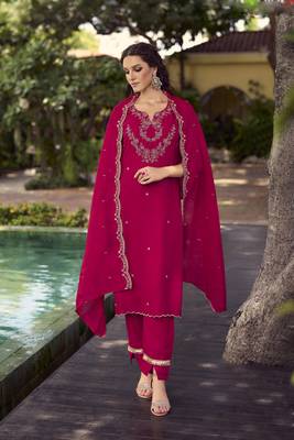Pink handwork embroidery shimer vichitra straight pant- free size stitched(size upto 42") 1