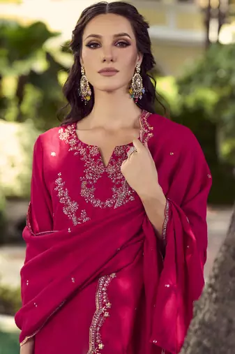 Pink handwork embroidery shimer vichitra straight pant- free size stitched(size upto 42")
