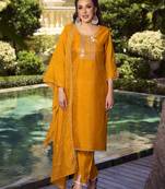 Mustard handwork embroidery shimer vichitra straight pant- free size stitched(size upto 42")