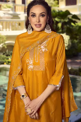 Mustard handwork embroidery shimer vichitra straight pant- free size stitched(size upto 42")