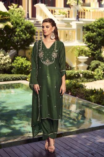 Green handwork embroidery shimer vichitra straight pant- free size stitched(size upto 42")