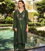 Green handwork embroidery shimer vichitra straight pant- free size stitched(size upto 42")
