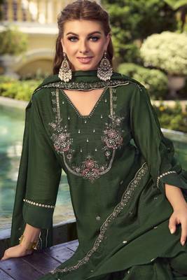 Green handwork embroidery shimer vichitra straight pant- free size stitched(size upto 42") 2