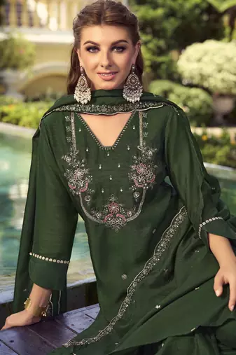 Green handwork embroidery shimer vichitra straight pant- free size stitched(size upto 42")