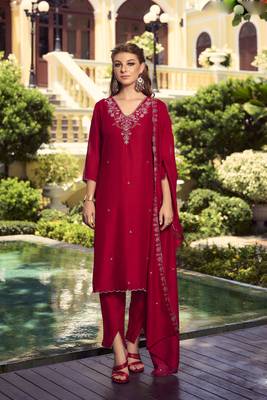 Maroon handwork embroidery shimer vichitra straight pant- free size stitched(size upto 42") 1
