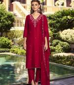 Maroon handwork embroidery shimer vichitra straight pant- free size stitched(size upto 42")
