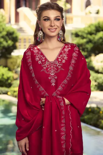 Maroon handwork embroidery shimer vichitra straight pant- free size stitched(size upto 42")
