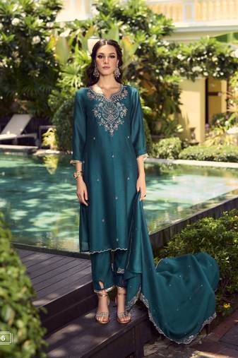 Teal blue handwork embroidery shimer vichitra straight pant- free size stitched(size upto 42")