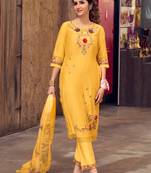 Mustard handwork embroidery art silk straight pant- free size stitched(size upto 42")