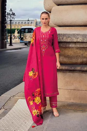 Pink handwork embroidery, print jacquard viscose straight pant- free size stitched(size upto 42")