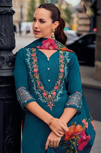 Teal blue handwork embroidery print jacquard viscose straight pant- free size stitched(size upto 42")