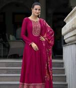 Pink sequins embroidery, print vichitra silk anarkali pant- free size stitched(size upto 42")
