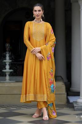 Mustard sequins embroidery, print vichitra silk anarkali pant- free size stitched(size upto 42") 1