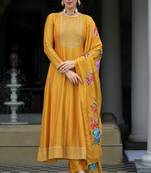 Mustard sequins embroidery, print vichitra silk anarkali pant- free size stitched(size upto 42")