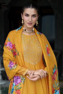 Mustard sequins embroidery, print vichitra silk anarkali pant- free size stitched(size upto 42") 2