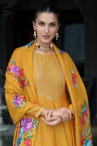 Mustard sequins embroidery, print vichitra silk anarkali pant- free size stitched(size upto 42")