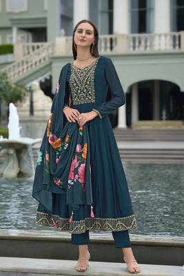 Teal blue sequins embroidery print vichitra silk anarkali pant- free size stitched(size upto 42") 1