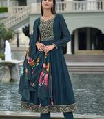 Teal blue sequins embroidery print vichitra silk anarkali pant- free size stitched(size upto 42")