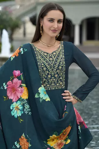 Teal blue sequins embroidery print vichitra silk anarkali pant- free size stitched(size upto 42")