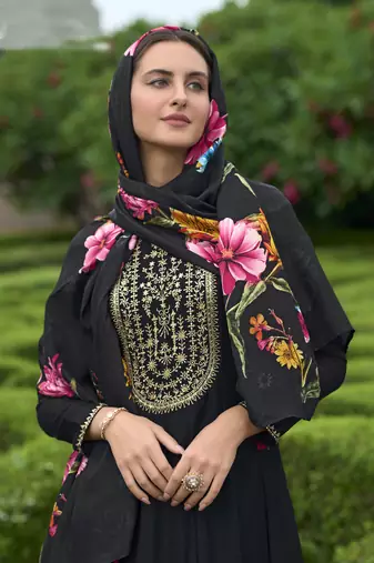 Black sequins embroidery, print vichitra silk anarkali pant- free size stitched(size upto 42")